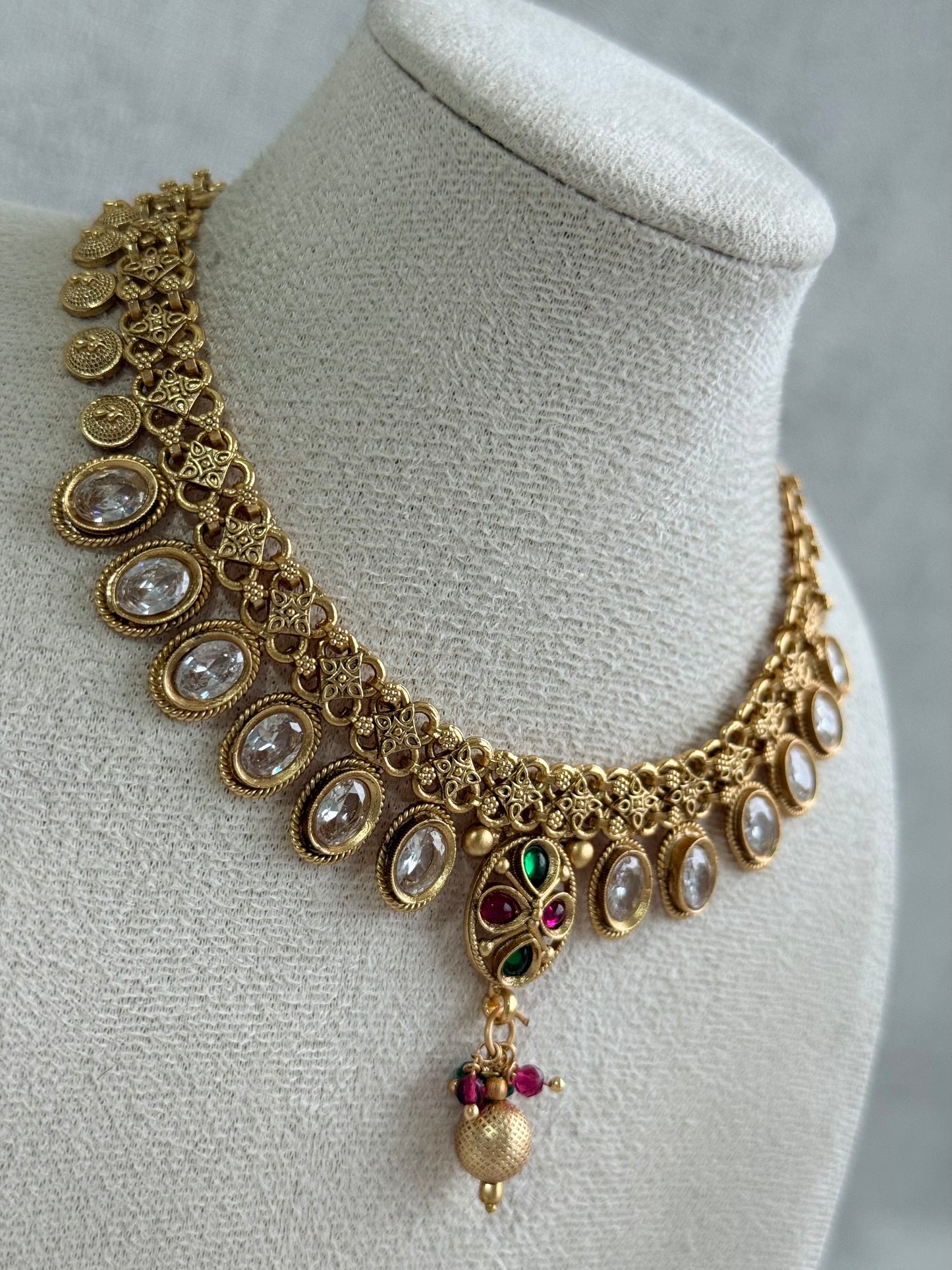 Ayura Designs Perniya Set with Necklace & Earrings – Mirror-Cut Stones with Multicolour Accents in Antique Gold Finish