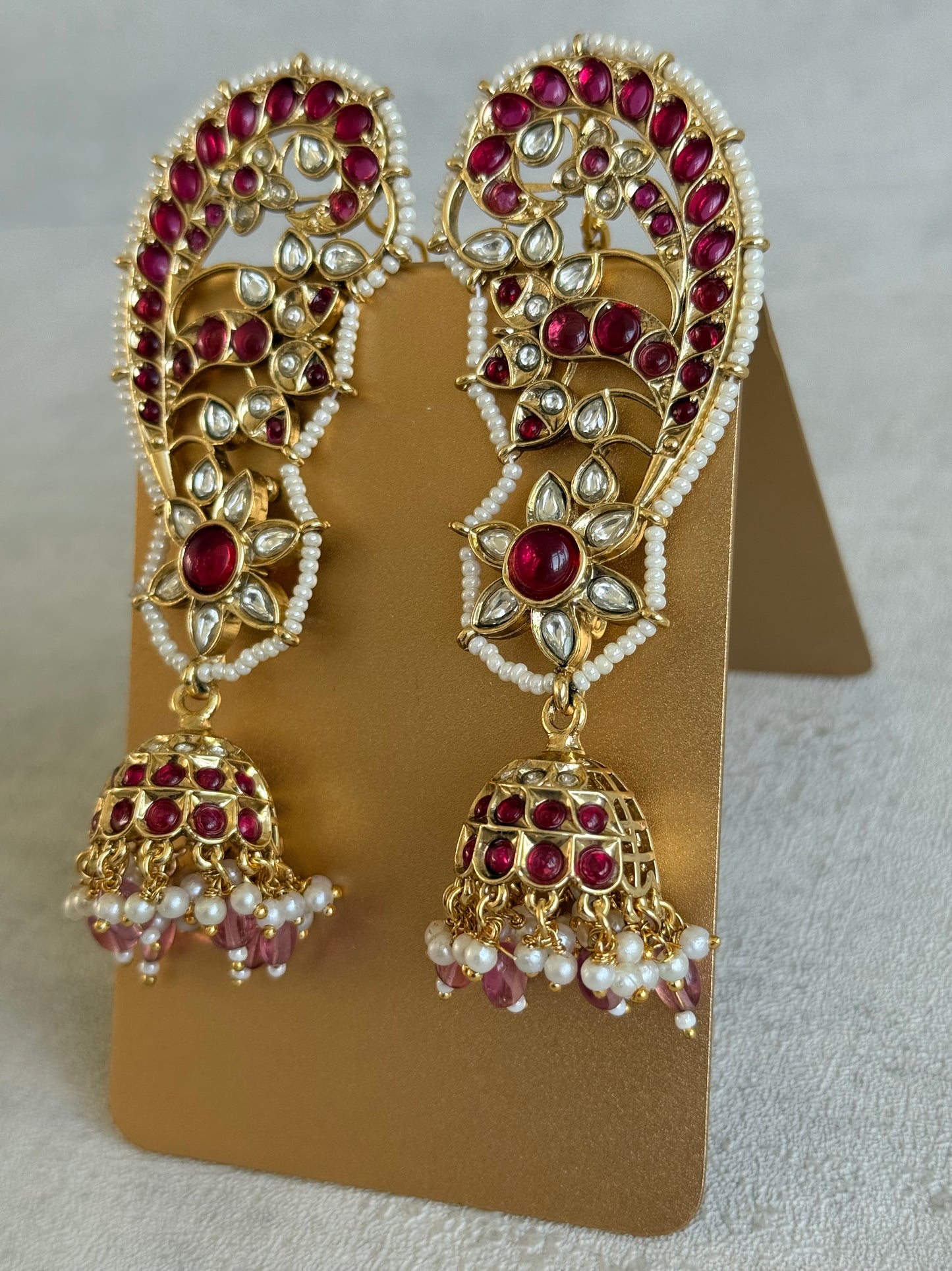 Ayura Designs Urisha Ear Climber Jhumkis – Ruby Pink, Kundan & Pearl Detailing