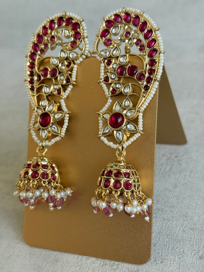 Ayura Designs Urisha Ear Climber Jhumkis – Ruby Pink, Kundan & Pearl Detailing