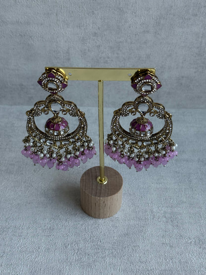 Ayura Designs Reha Earrings – Statement Chandbalis with Lavender Pink Beads, Pearls & Mirror-Cut Stones