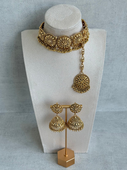 Ayura Designs Nawabi Choker Set with Jhumkis & Tikka – Traditional Gold Tone Bridal Choker with Floral Motifs & Ghungroo Detailing