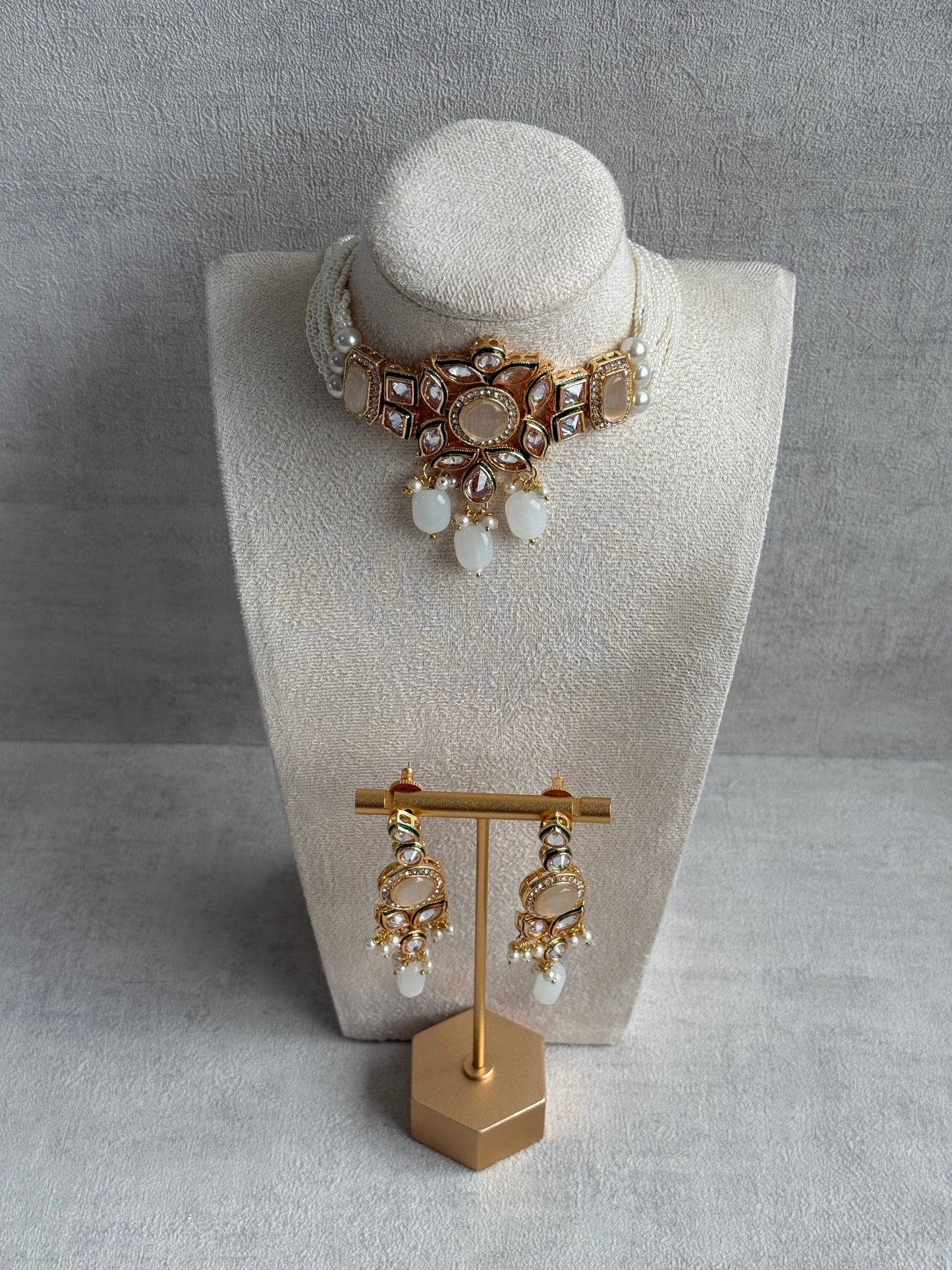 Ayura Designs Raaz Set – Choker & Earrings with Kundan Stones, Green Enamel Detailing & White Beads