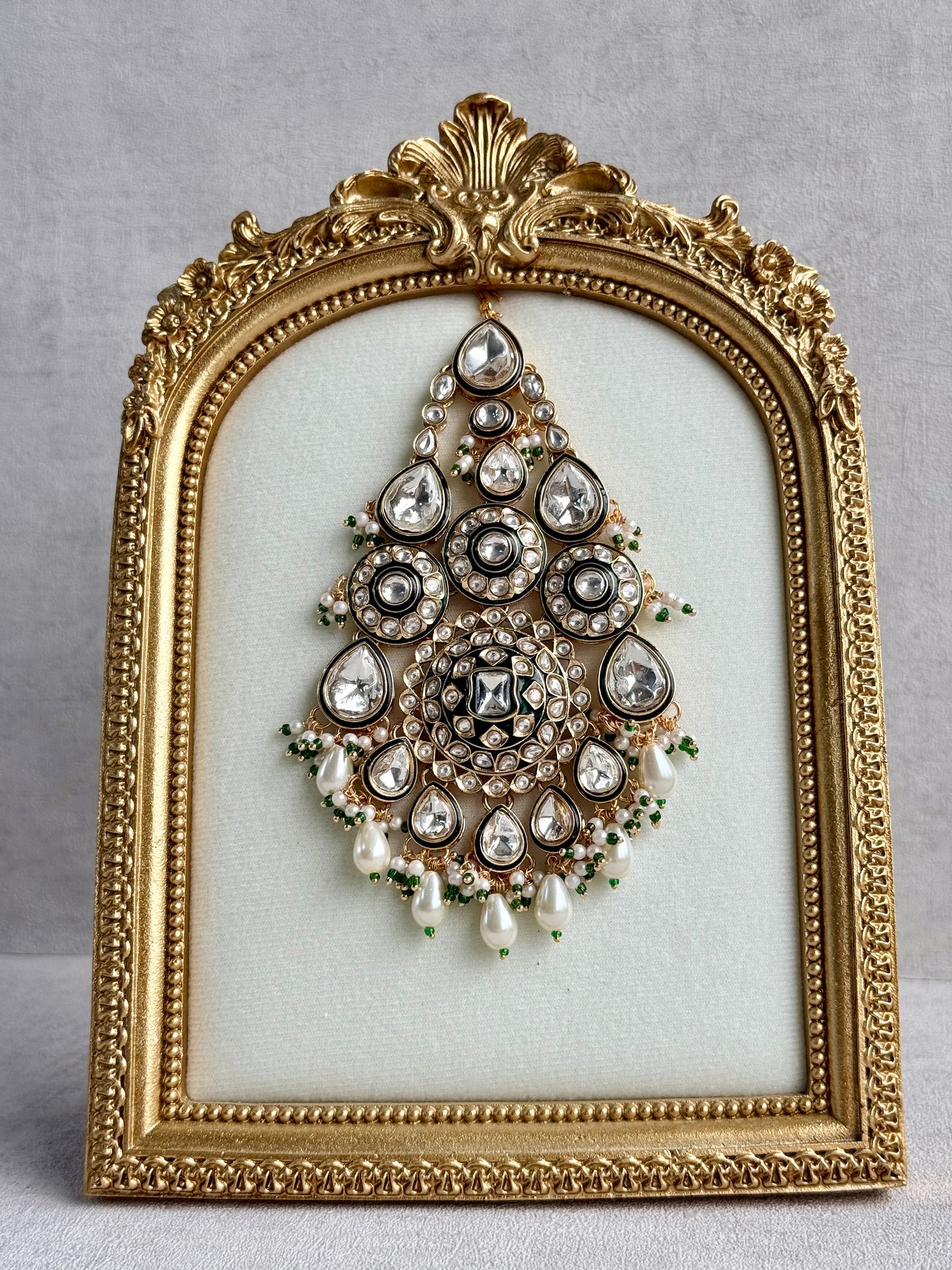 Ayura Designs Suhana Jhoomar Passa – Kundan Jhoomar with Ivory Pearl Drops, Pearl Detailing & Green Bead Accents