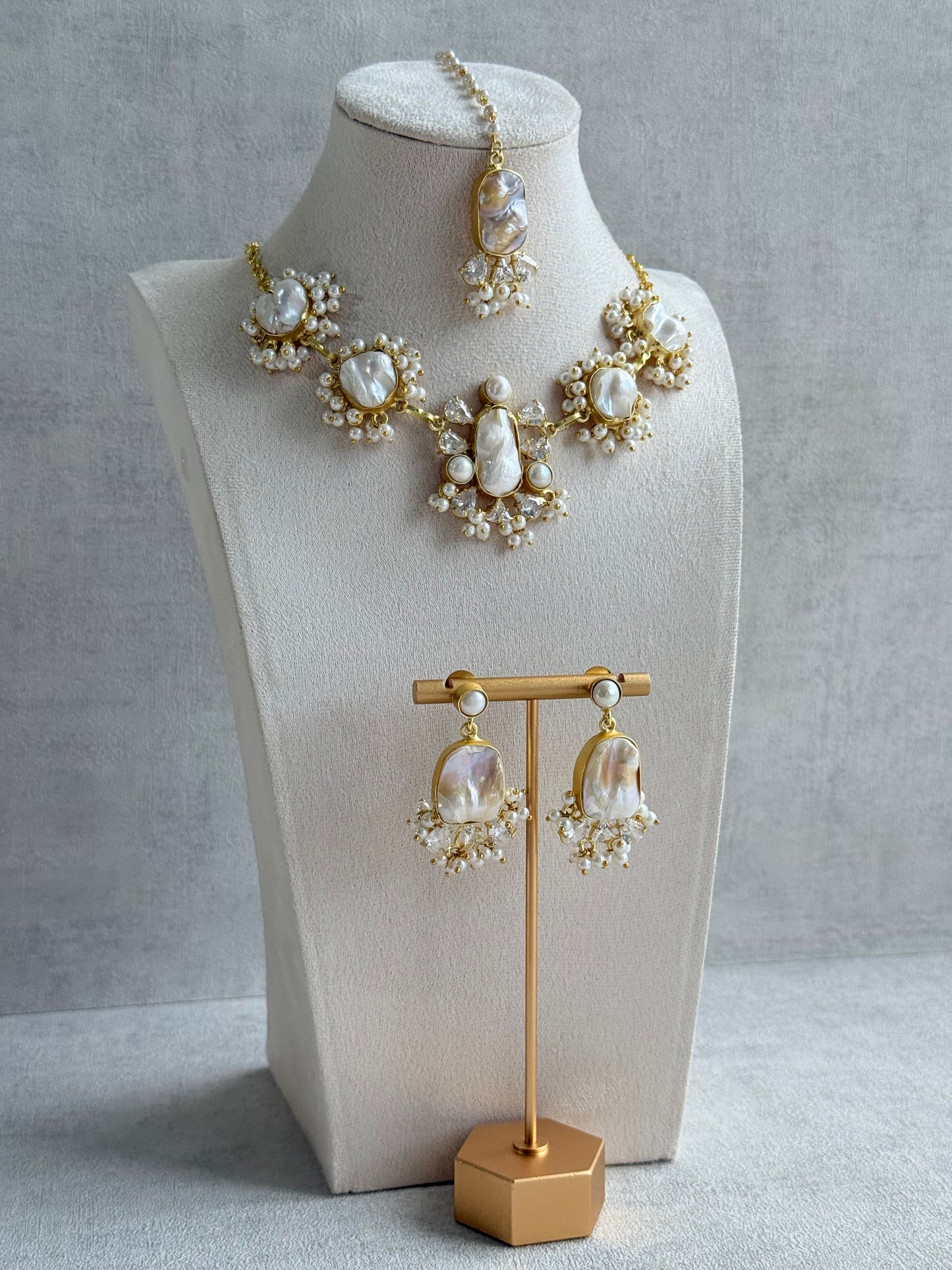 Ayura Designs Niamh Set with Tikka & Earrings - Baroque Pearl, Mother of Pearl & Crystals