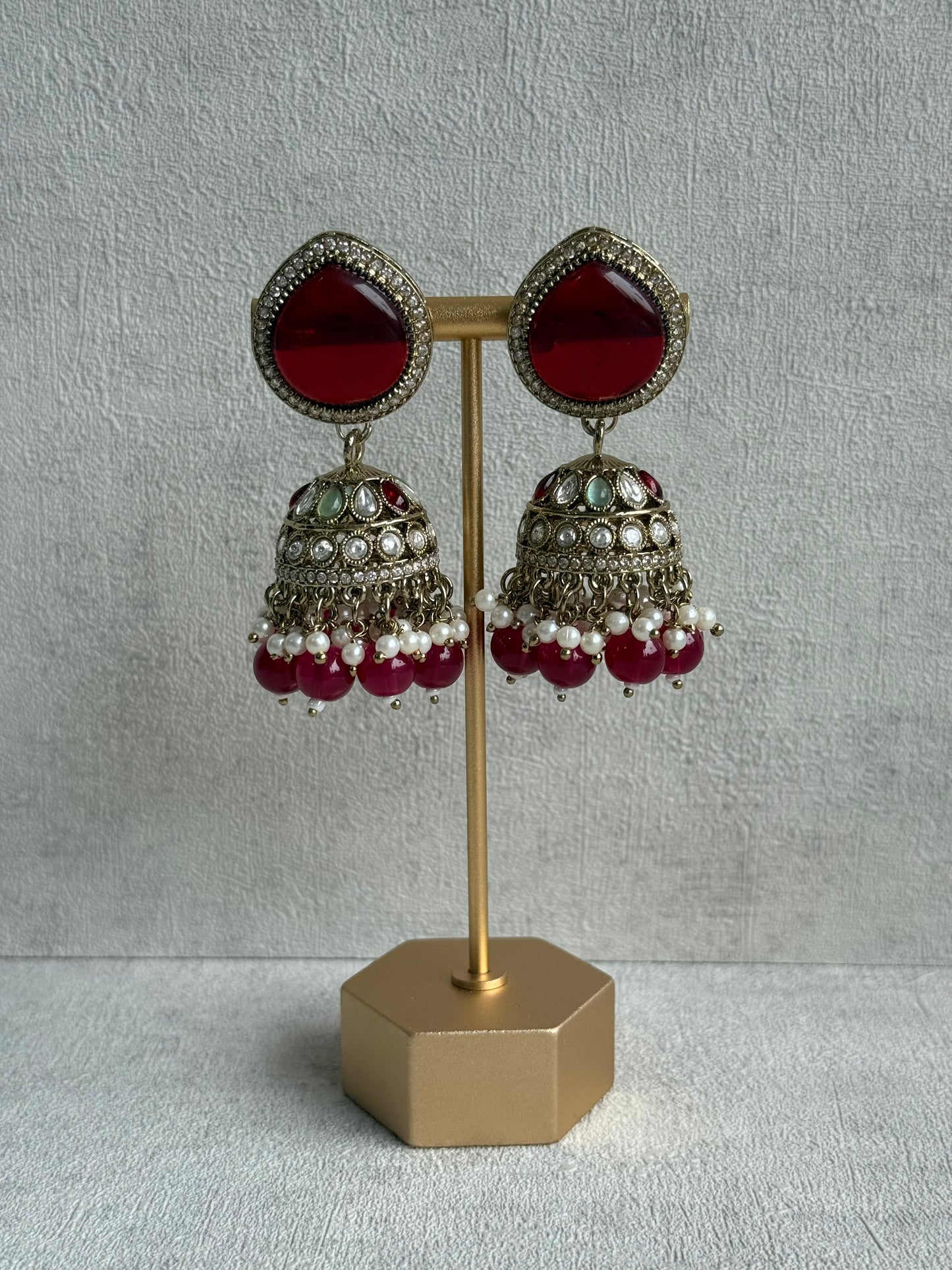 Ayura Designs Brielle Set – Necklace & Jhumkis with Mirror-Cut Stones, Ruby Red, Mint Green & Ivory Pearl Detailing