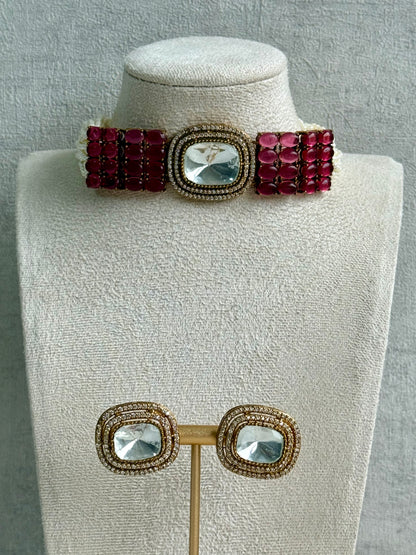Ayura Designs Emma Choker Set – Ruby Fuchsia Gemstone Choker & Studs with Mirror-Cut Centrepiece, Pearl Strands & Crystal Borders