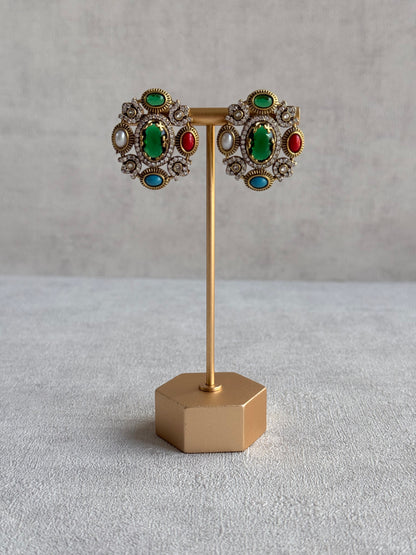 Ayura Designs Celia Stud Earrings – Emerald Green & Multicolour Stones with Gold Finish