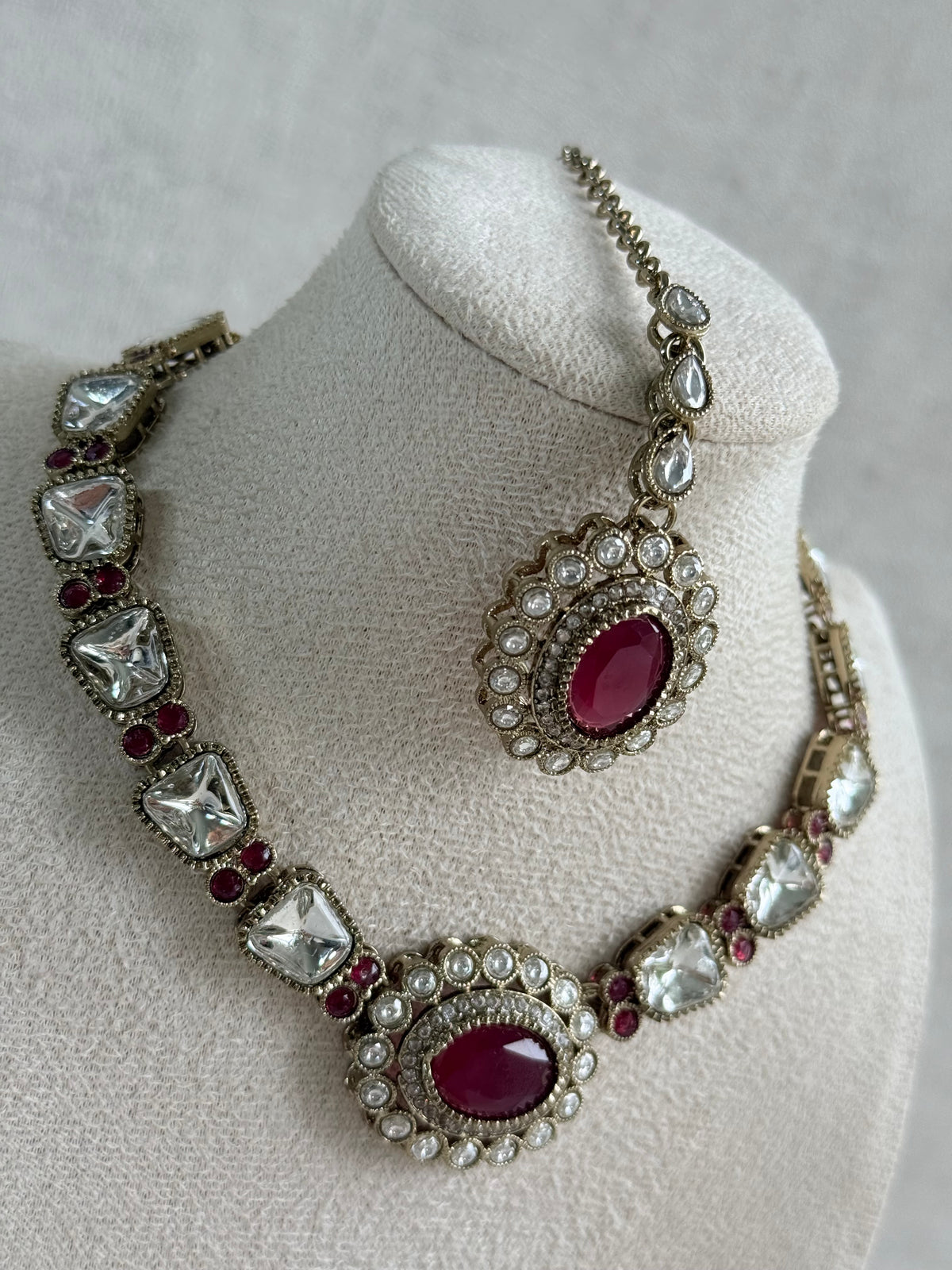 Ayura Designs Inza Necklace Set – Rani Pink Stones, Kundan & Crystals with Antique Gold Finish