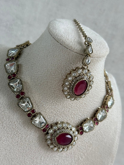 Ayura Designs Inza Necklace Set – Rani Pink Stones, Kundan & Crystals with Antique Gold Finish