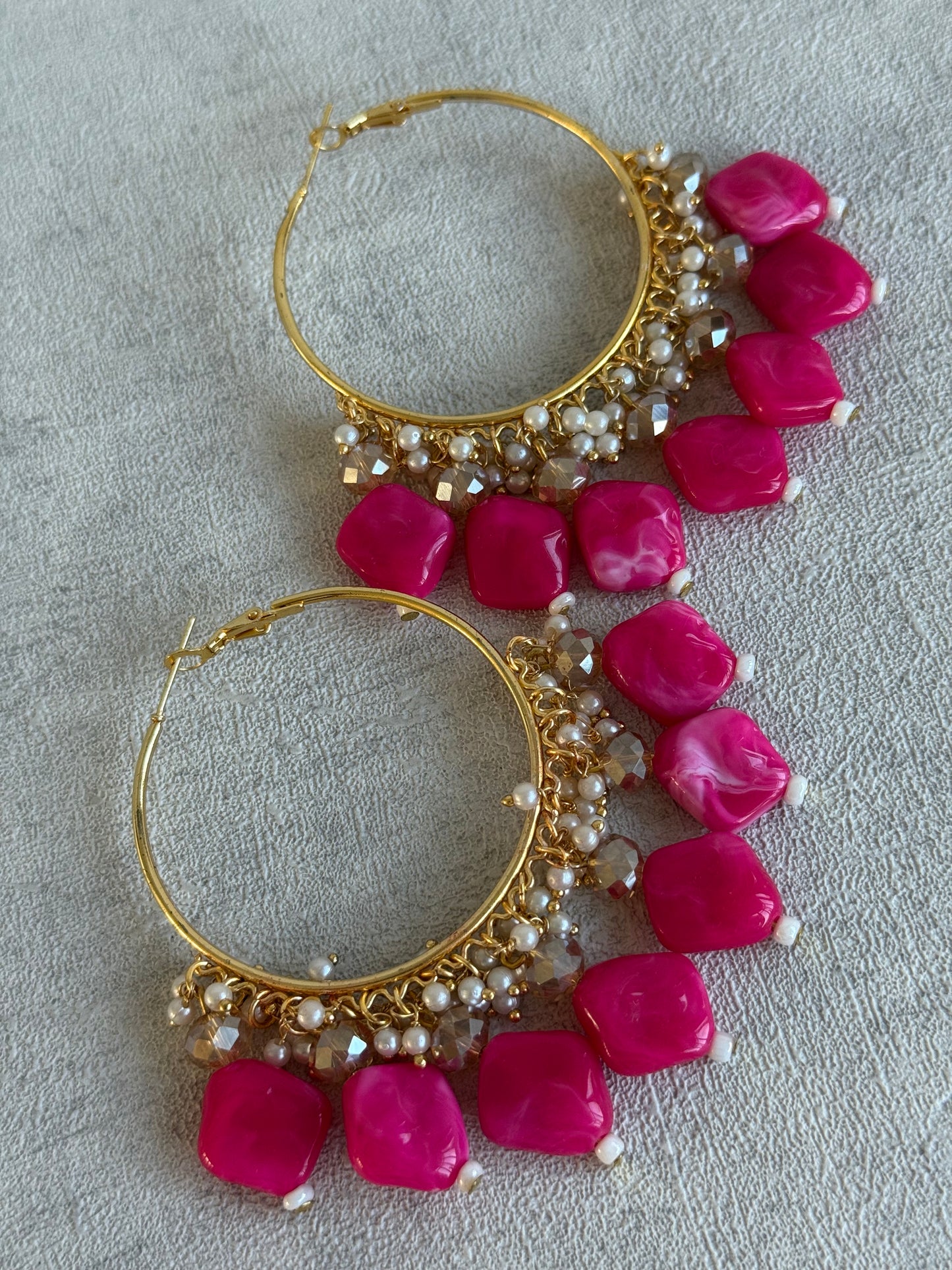 Ayura Designs Heer Balis – Gold Hoops with Hot Pink Marble Beads, Pearls & Crystal Detailing