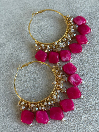 Ayura Designs Heer Balis – Gold Hoops with Hot Pink Marble Beads, Pearls & Crystal Detailing