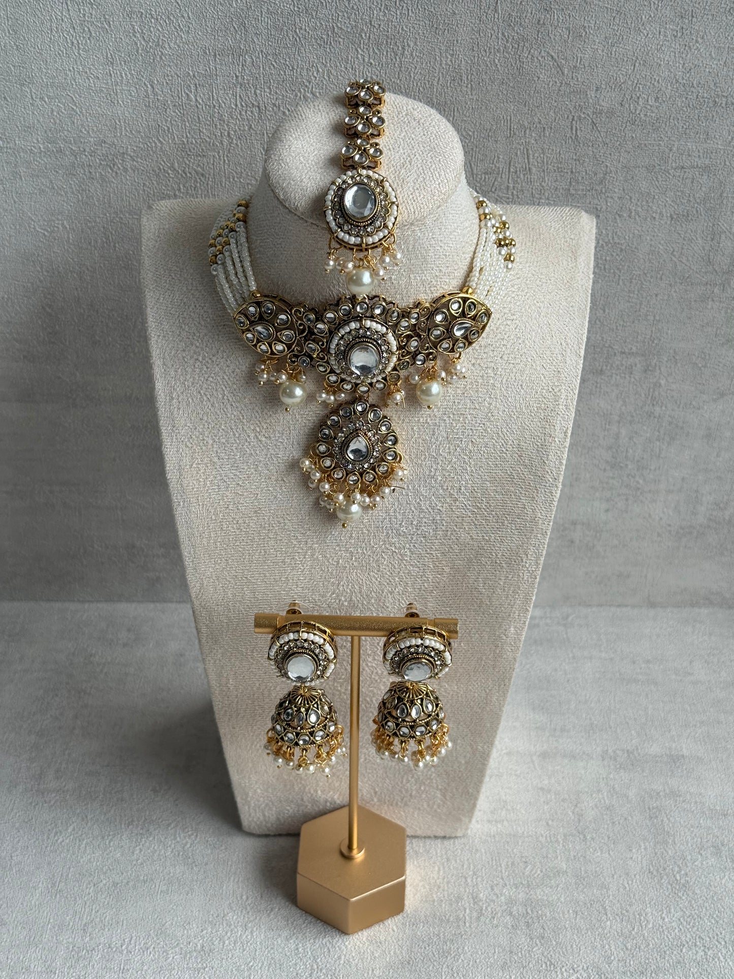 Ayura Designs Muskaan Set – Choker, Jhumkis & Tikka with Ivory Pearls, Mirror-Cut Kundan Stones & Antique Gold Finish