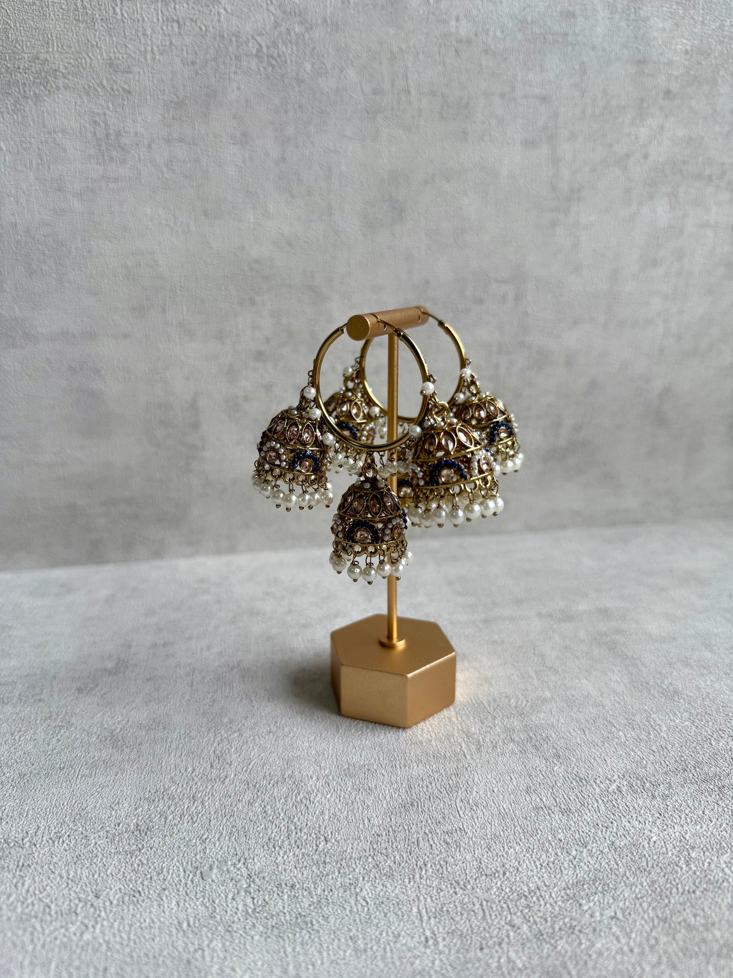 Ayura Designs Nakhra Balis – Blue Triple Dome Earrings with Pearl Clusters & Mirror-Cut Detailing