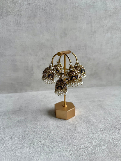 Ayura Designs Nakhra Balis – Blue Triple Dome Earrings with Pearl Clusters & Mirror-Cut Detailing