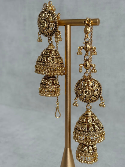 Ayura Designs Chhavi Sahare Jhumkis – Antique Gold Finish with Double Dome Design