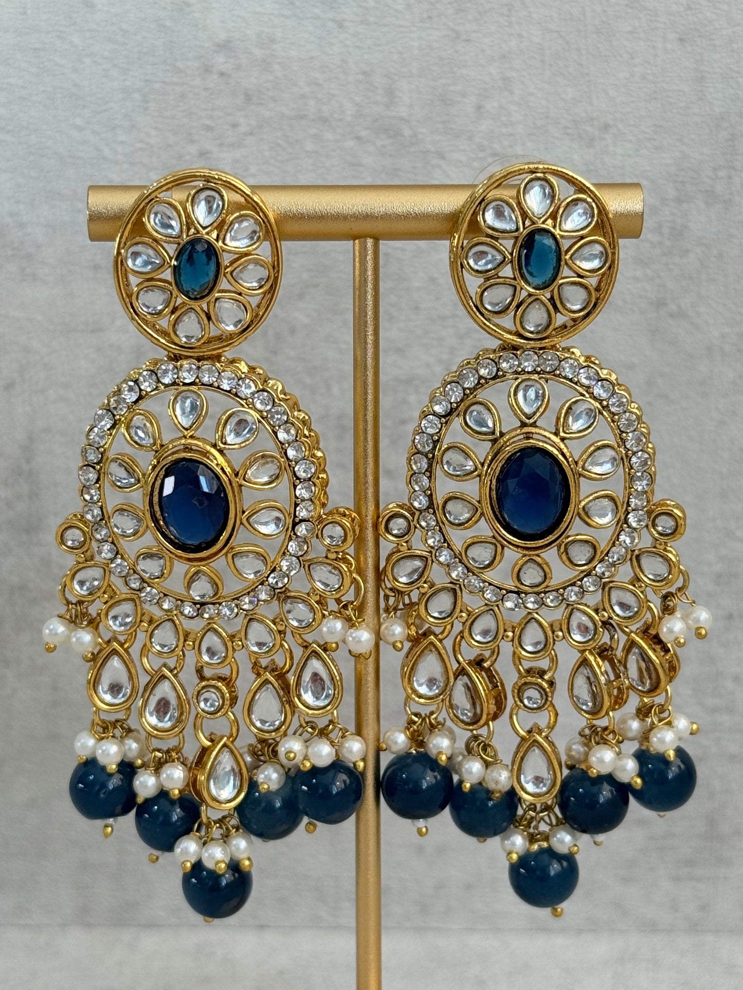 Ayura Designs Zara Set with Necklace, Earrings, Tikka & Passa – Antique Gold with Kundan Detailing & Ink Blue Stones & Beads
