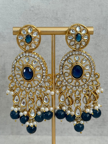 Ayura Designs Zara Set with Necklace, Earrings, Tikka & Passa – Antique Gold with Kundan Detailing & Ink Blue Stones & Beads