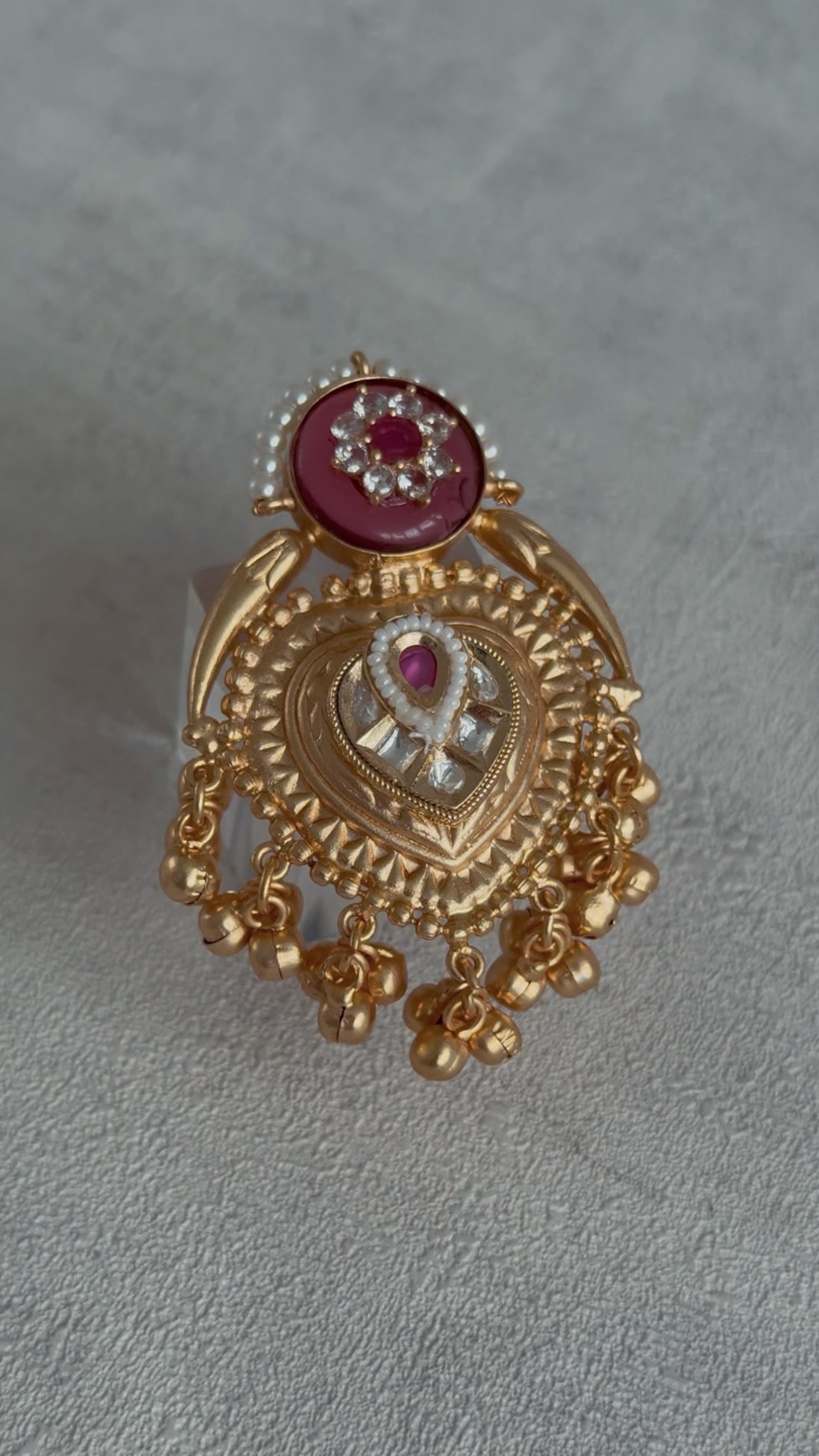 Ayura Designs Sorcha Adjustable Ring – Rose Pink Enamel, Pearl Detailing, Antique Gold & Mirror-Cut Stones