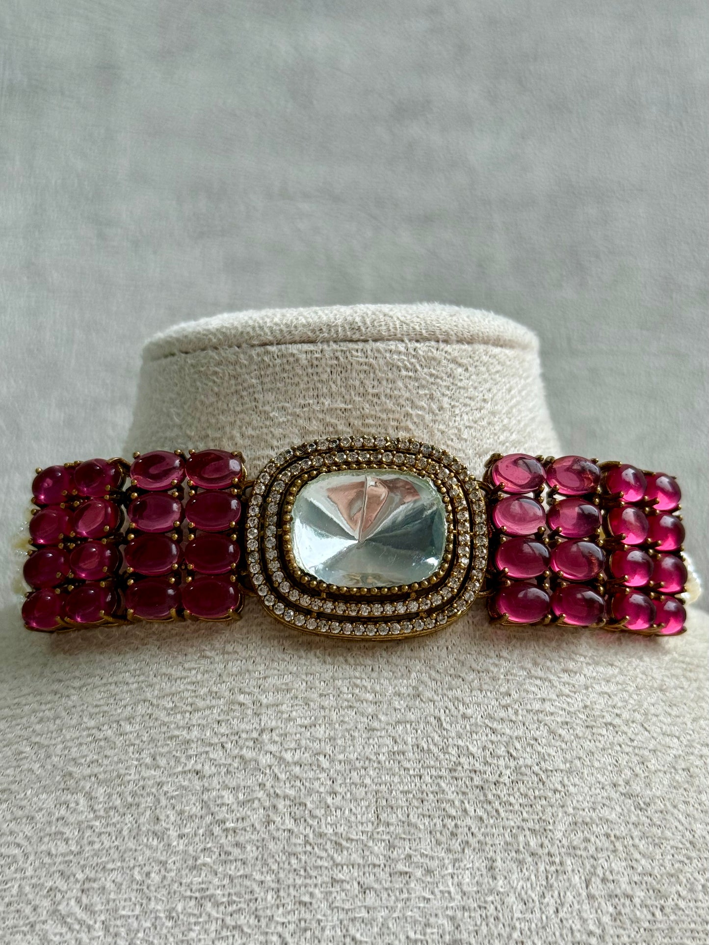 Ayura Designs Emma Choker Set – Ruby Fuchsia Gemstone Choker & Studs with Mirror-Cut Centrepiece, Pearl Strands & Crystal Borders