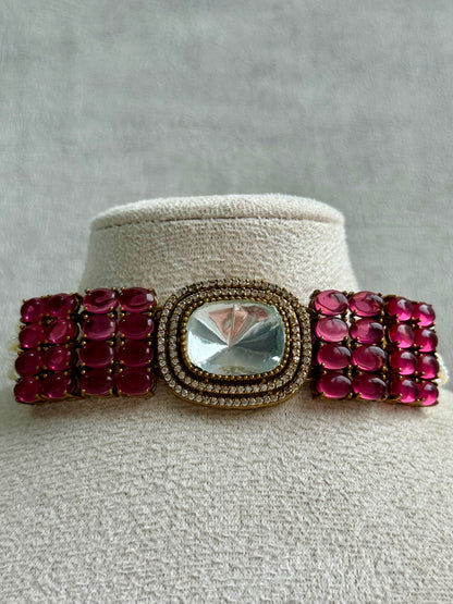 Ayura Designs Emma Choker Set – Ruby Fuchsia Gemstone Choker & Studs with Mirror-Cut Centrepiece, Pearl Strands & Crystal Borders