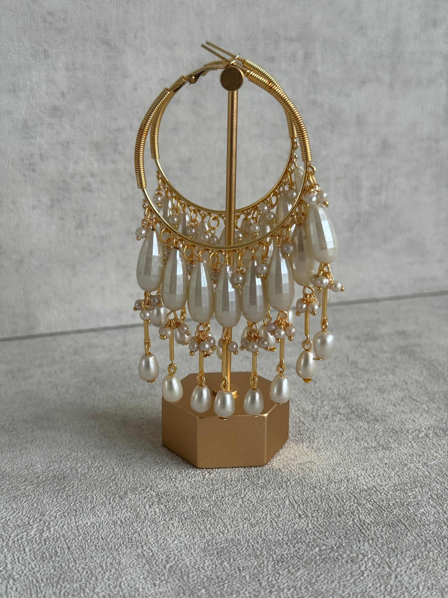 Ayura Designs Emery Balis – Gold Hoop Earrings with Faceted Pearl Drops & Fringe Detailing