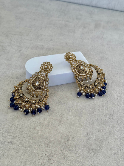 Ayura Designs Safa Antique Gold-Plated Chandbali Earrings with Pearl and Blue Bead Accents