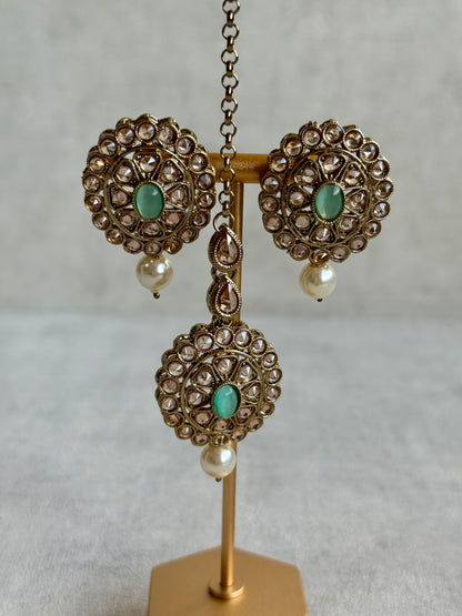Ayura Designs Sania Set with Necklace, Earrings & Tikka – Mint Oval Stones, Kundan Detailing & Antique Gold Finish