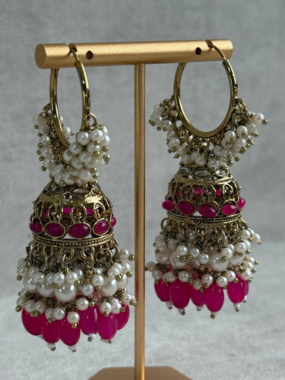 Ayura Designs Jugni Jhumkis – Antique Gold Balis with Fuchsia Beads & Pearl Clusters