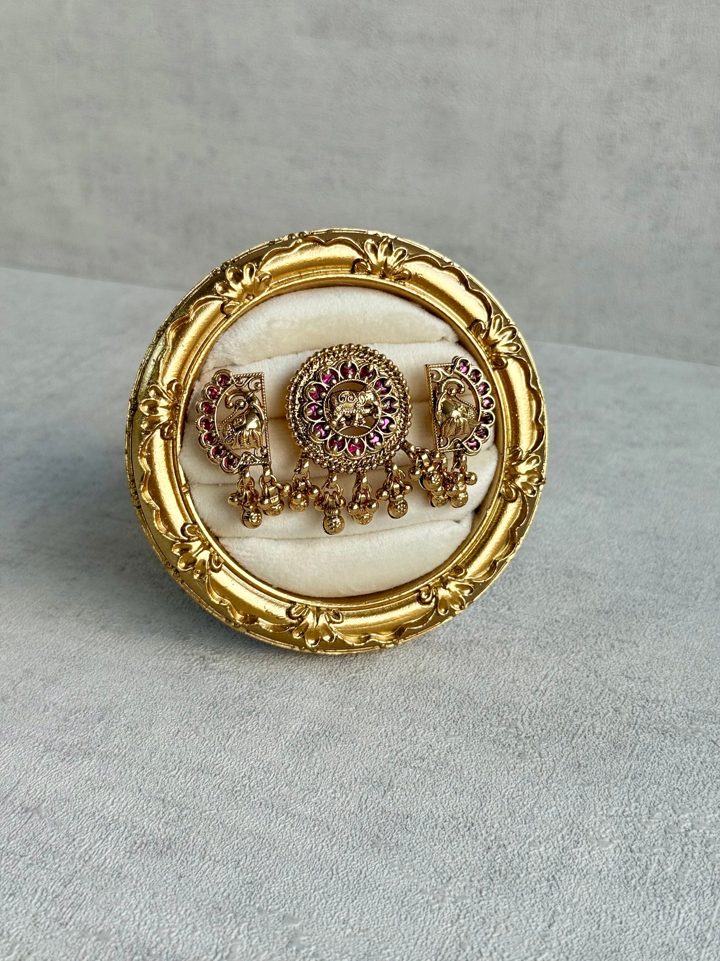 Ayura Designs Nira Adjustable Ring – Jadau-Inspired Elephant Motifs with Rani Pink Stones, Pearl Drops & Ghungroos