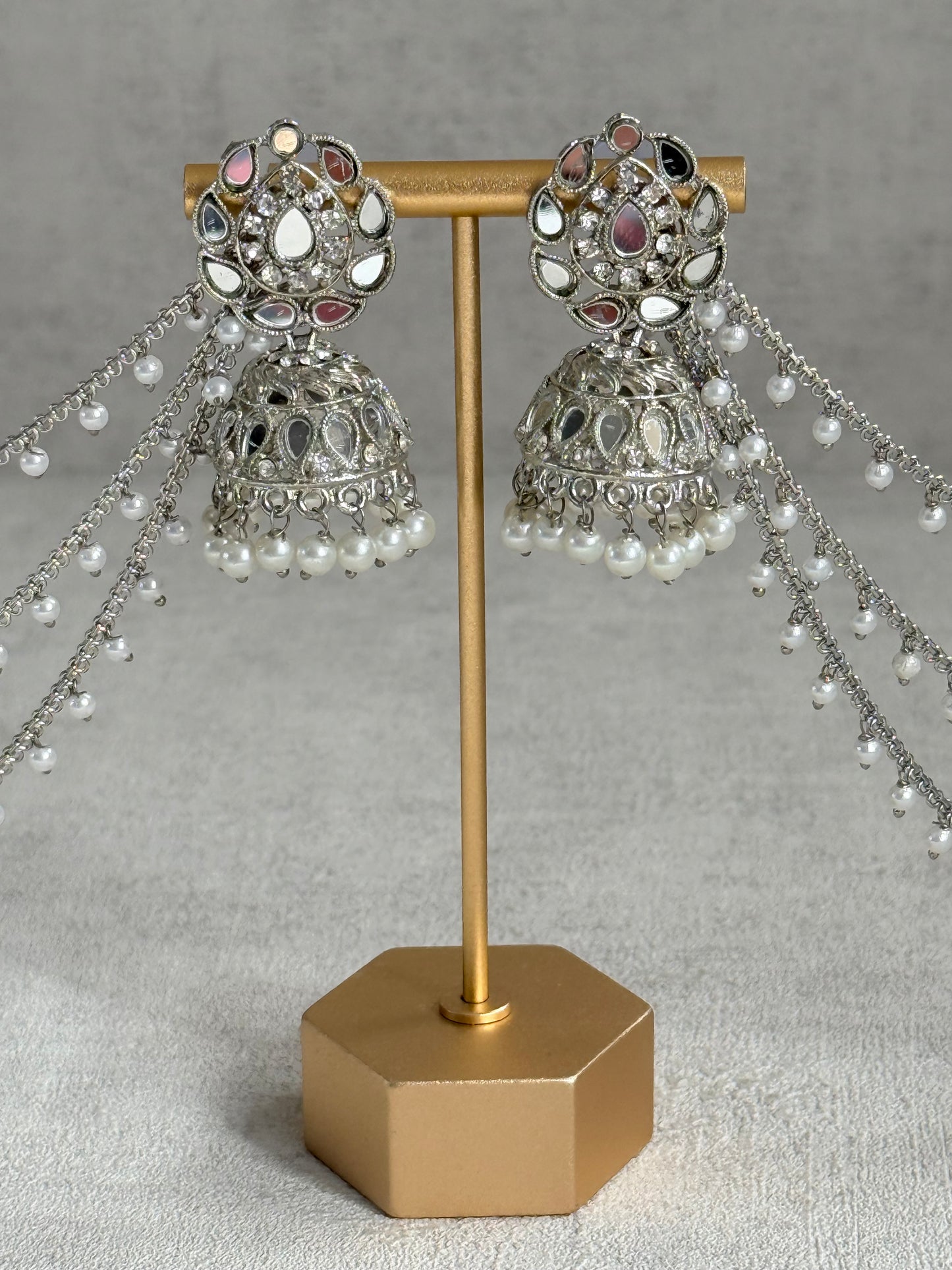 Ayura Designs Aiyana Jhumkis – Silver Mirror-Cut Earrings with Detachable Triple-Layer Pearl Sahare