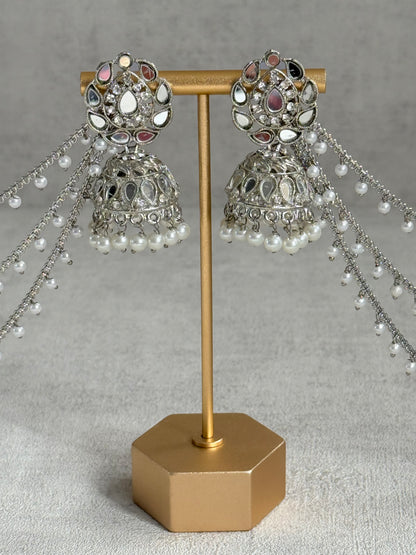 Ayura Designs Aiyana Jhumkis – Silver Mirror-Cut Earrings with Detachable Triple-Layer Pearl Sahare