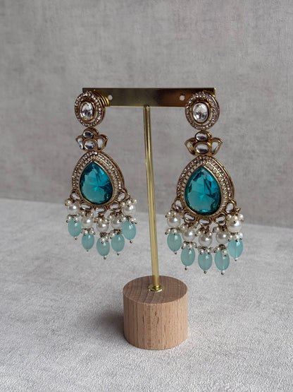 Ayura Designs Nageen Earrings – Antique Gold Jhumkis with Aqua Blue Stones, Mirror-Cut Accents & Pearl Drops