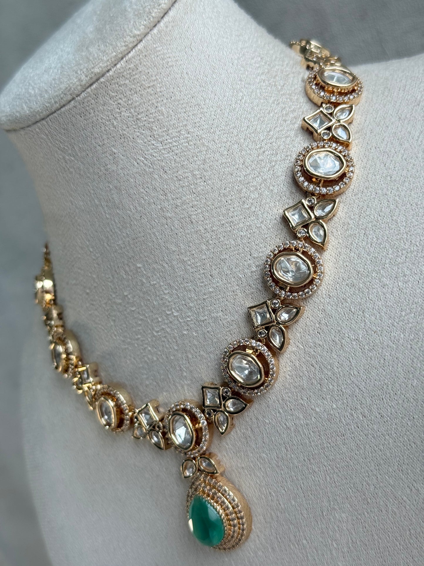 Ayura Designs Gazia Necklace Set with Earrings – Kundan, Mint Green Stones & Gold Finish