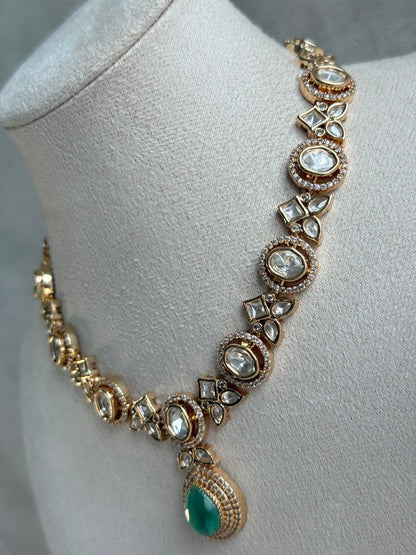 Ayura Designs Gazia Necklace Set with Earrings – Kundan, Mint Green Stones & Gold Finish