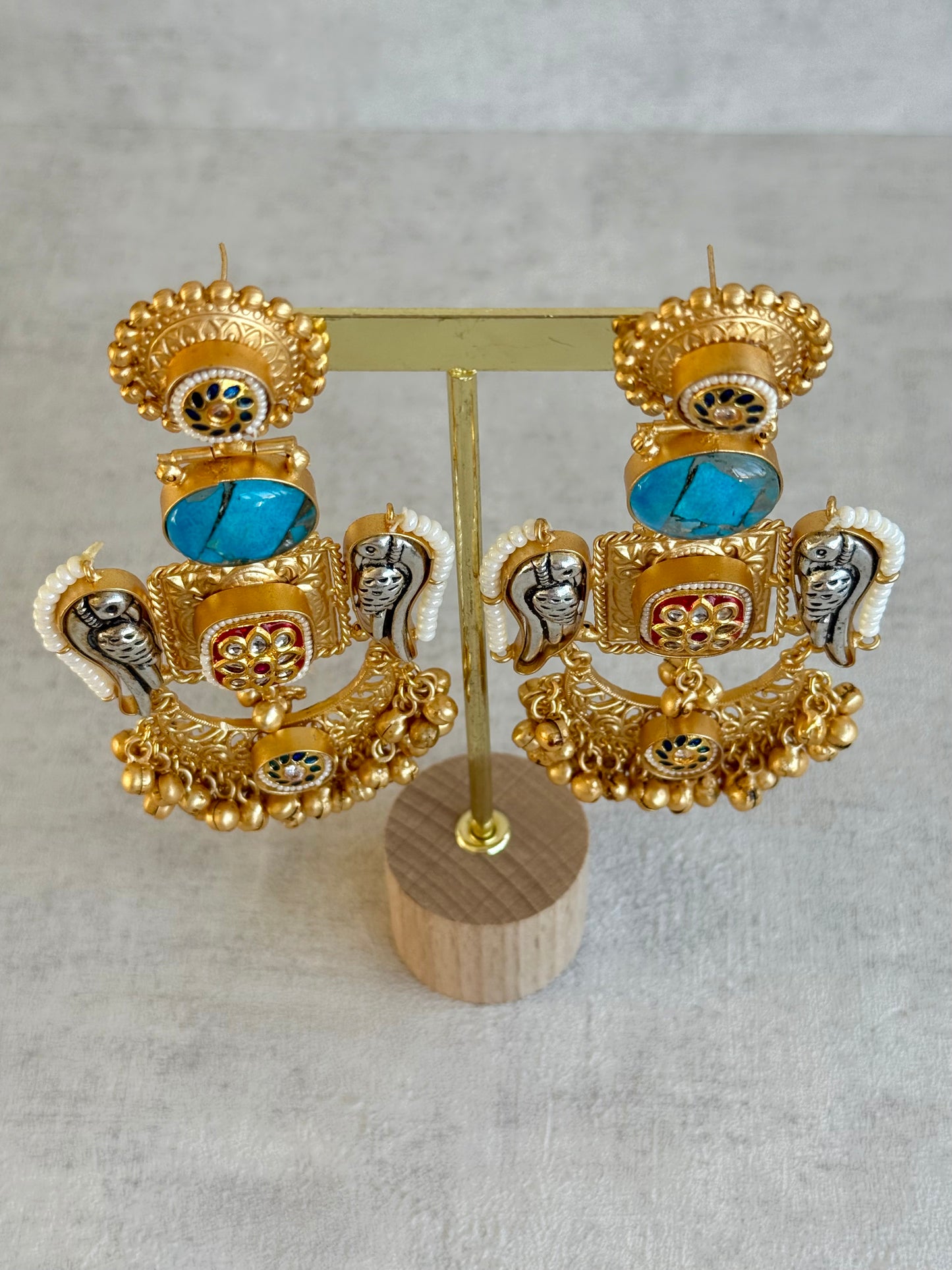 Ayura Designs Soha Earrings – Antique Gold with Turquoise Stone & Oxidised Parrots