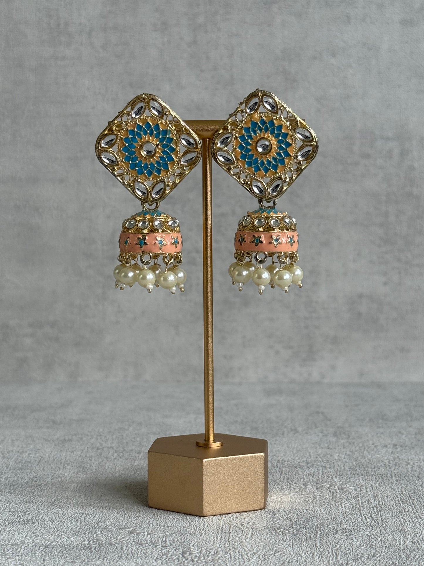 Ayura Designs Rangoli Jhumkis – Aqua Blue & Peach Meenakari with Pearl Drops in Antique Gold Finish
