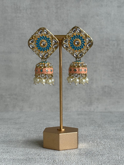 Ayura Designs Rangoli Jhumkis – Aqua Blue & Peach Meenakari with Pearl Drops in Antique Gold Finish