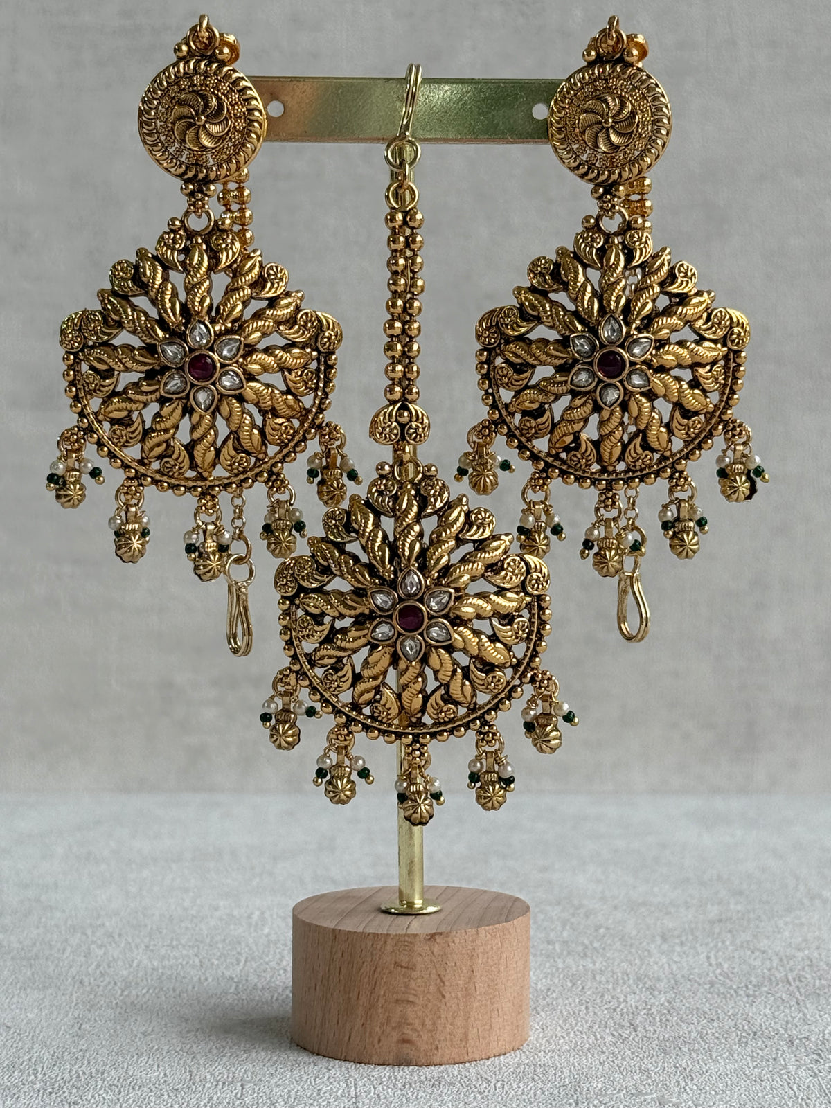 Ayura Designs Survi Tikka Set with Sahare Earrings – Antique Gold with Kundan, Pink Stones, Ivory & Green Beads