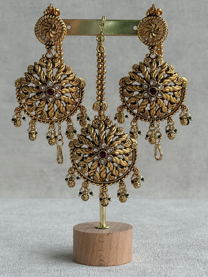 Ayura Designs Survi Tikka Set with Sahare Earrings – Antique Gold with Kundan, Pink Stones, Ivory & Green Beads