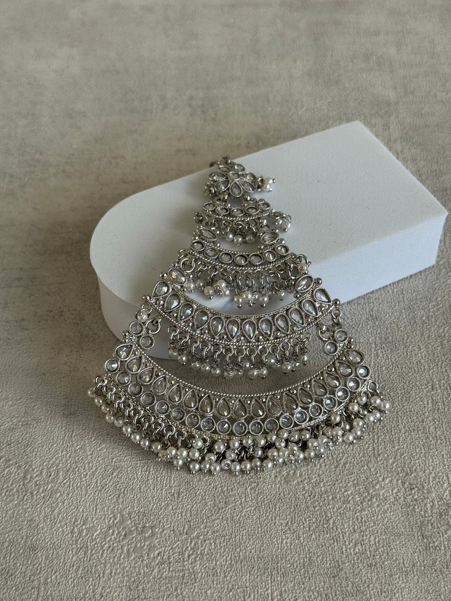 Ayura Designs Nia Jhoomar Passa – Antique Silver with Mirror-Cut Stones & Pearl Fringe Detailing