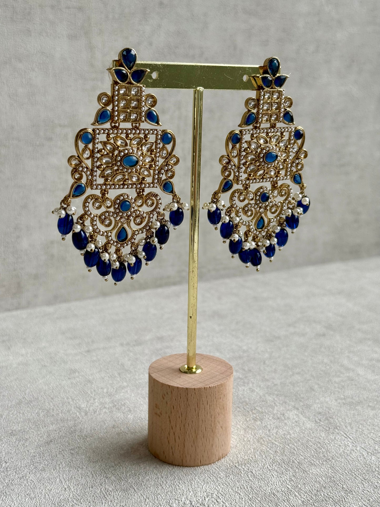 Ayura Designs Arwa Earrings – Antique Gold Finish with Midnight Blue Stones & Pearl Detailing