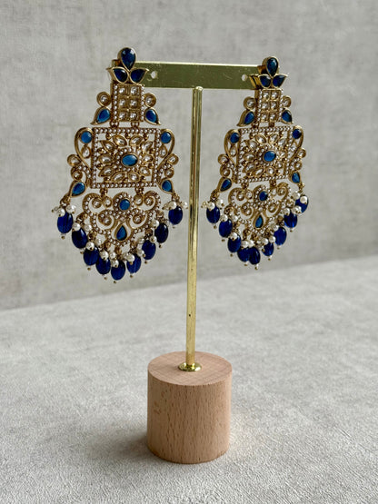Ayura Designs Arwa Earrings – Antique Gold Finish with Midnight Blue Stones & Pearl Detailing
