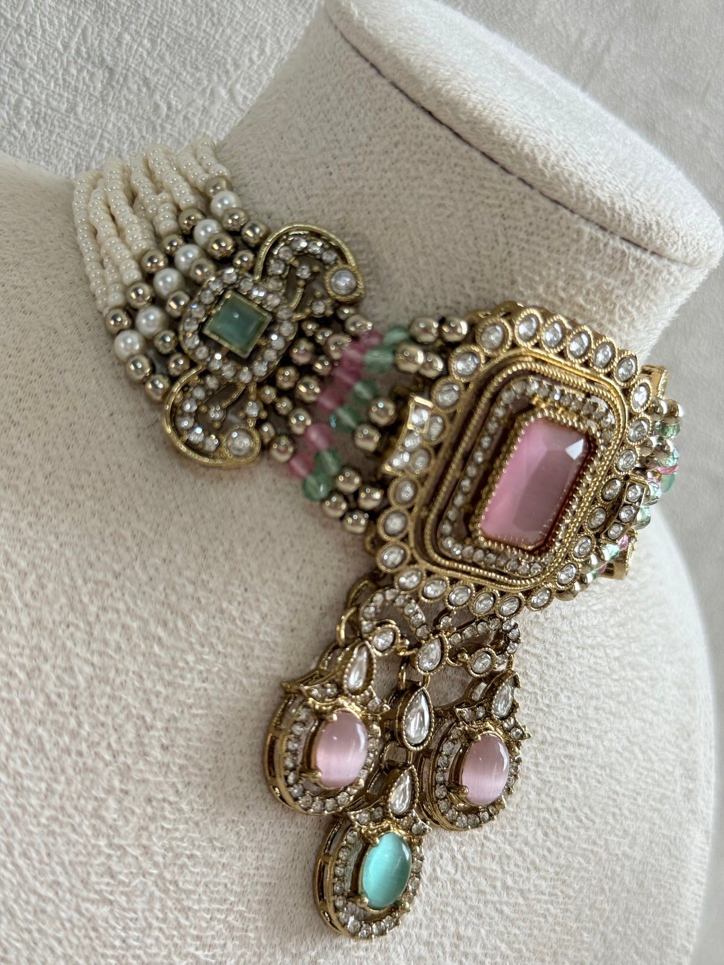 Ayura Designs Nabiha Choker Set with Studs – Blush Pink & Mint Green, Crystal Detailing & Gold Finish