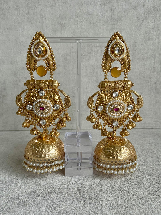 Ayura Designs Viva Earrings – Antique Gold Jhumkas with Hot Pink Accents, Mirror-Cut Stones & Pearl Detailing