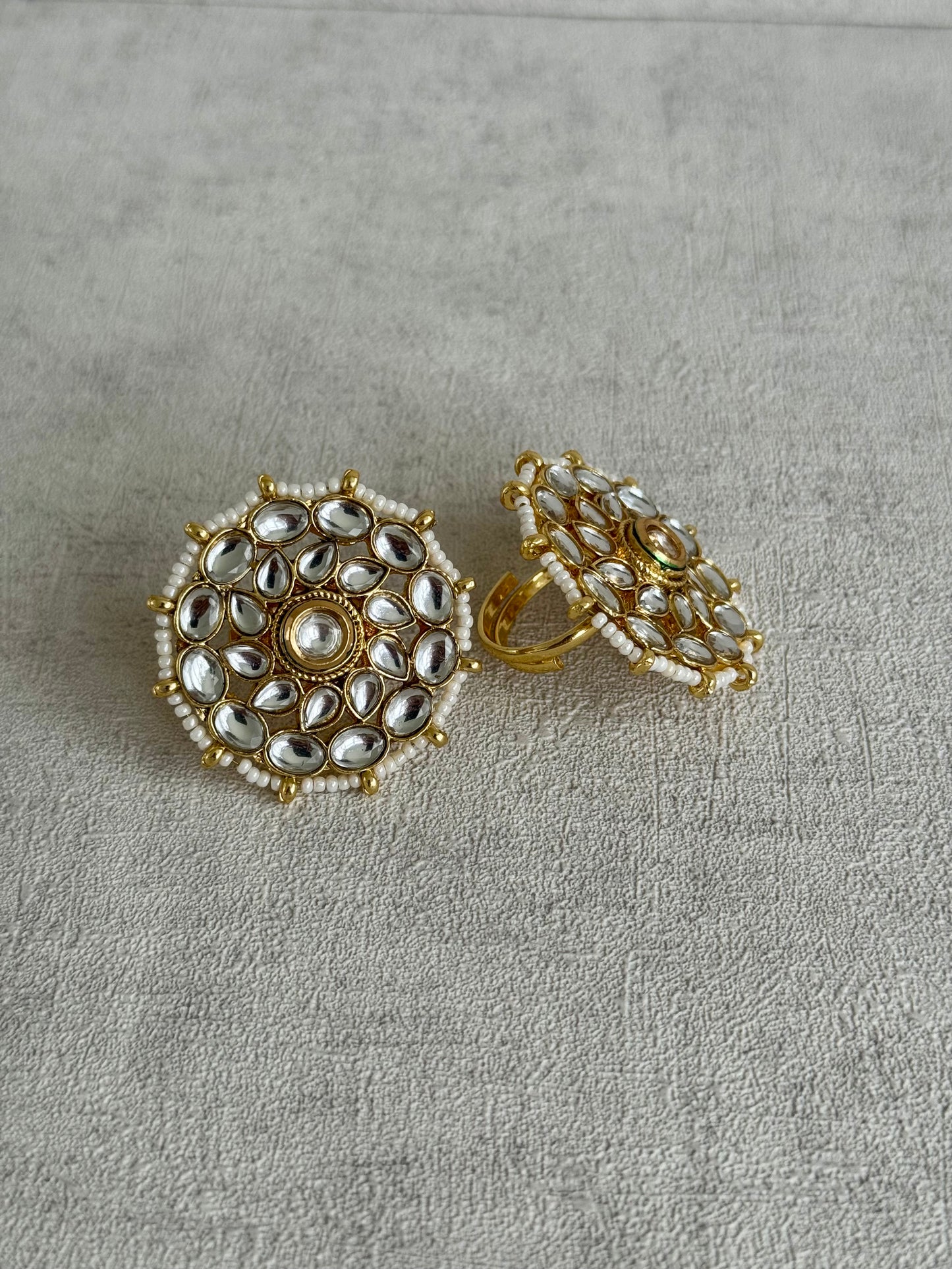 Ayura Designs Meherbano Bridal Set with Necklace, Jhumkis, Tikka, Nath, Ring & Sheeshphool – Mirror-Cut Stones with Pearl Detailing