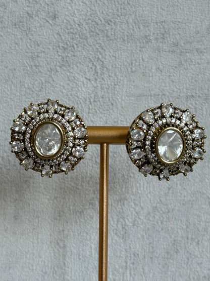 Ayura Designs Genevieve Choker Set with Studs – Crystal Kundan in Antique Gold