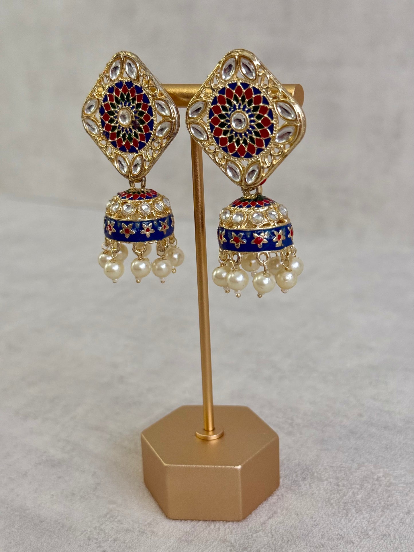 Ayura Designs Rangoli Jhumkis – Midnight Blue & Ruby Red Meenakari with Pearl Drops in Antique Gold Finish