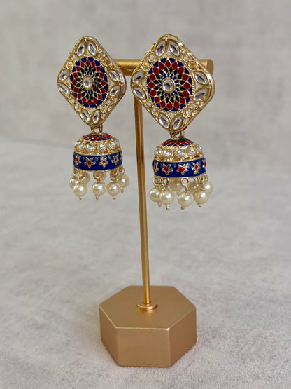 Ayura Designs Rangoli Jhumkis – Midnight Blue & Ruby Red Meenakari with Pearl Drops in Antique Gold Finish