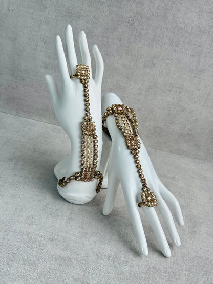 Ayura Designs Rupi Haathphool – Antique Gold with Champagne Stones & Pearl Detailing