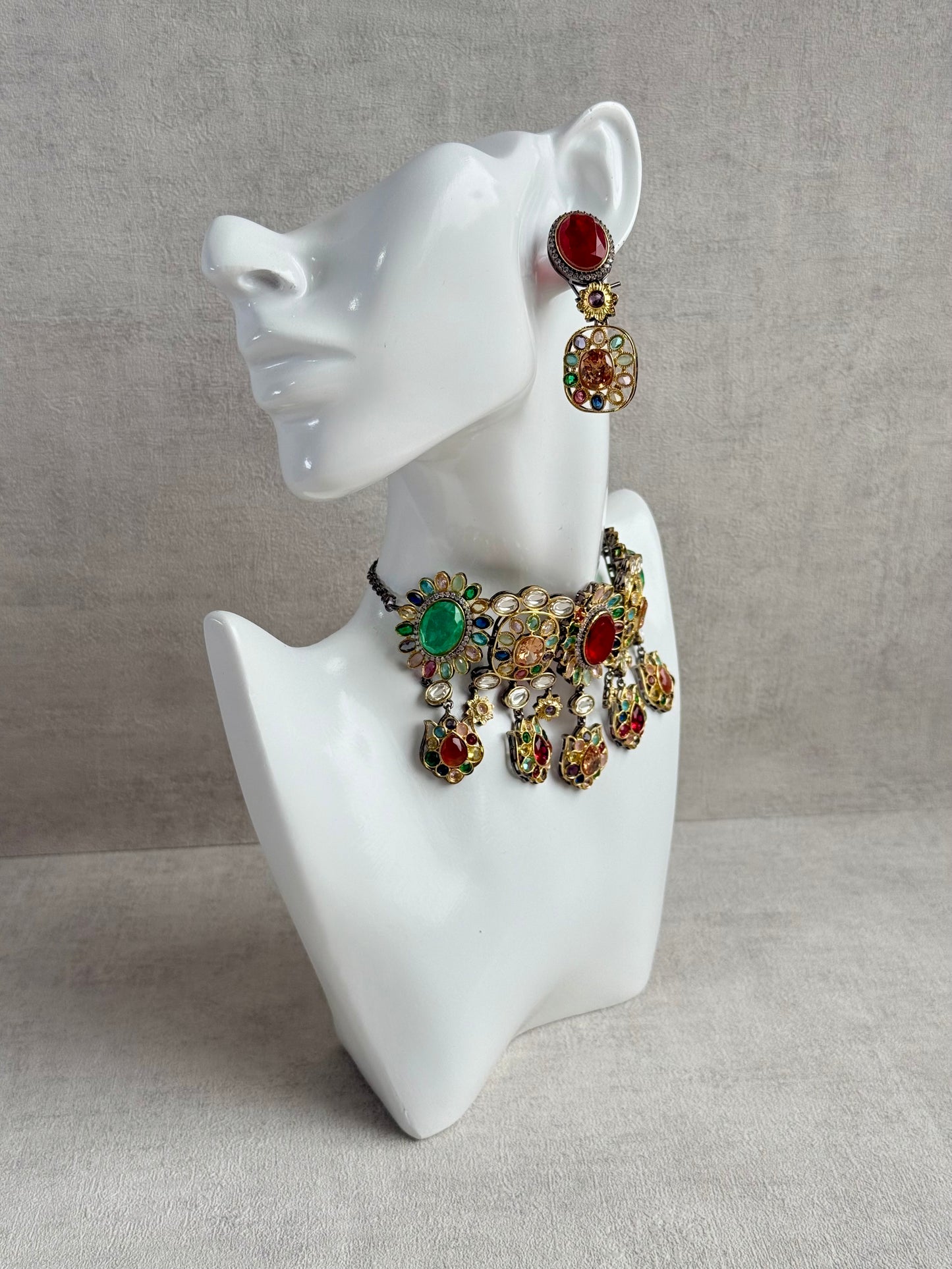 Ayura Designs Verity Choker Set with Earrings – Multicolour Stones, Crystal Accents & Antique Silver Finish